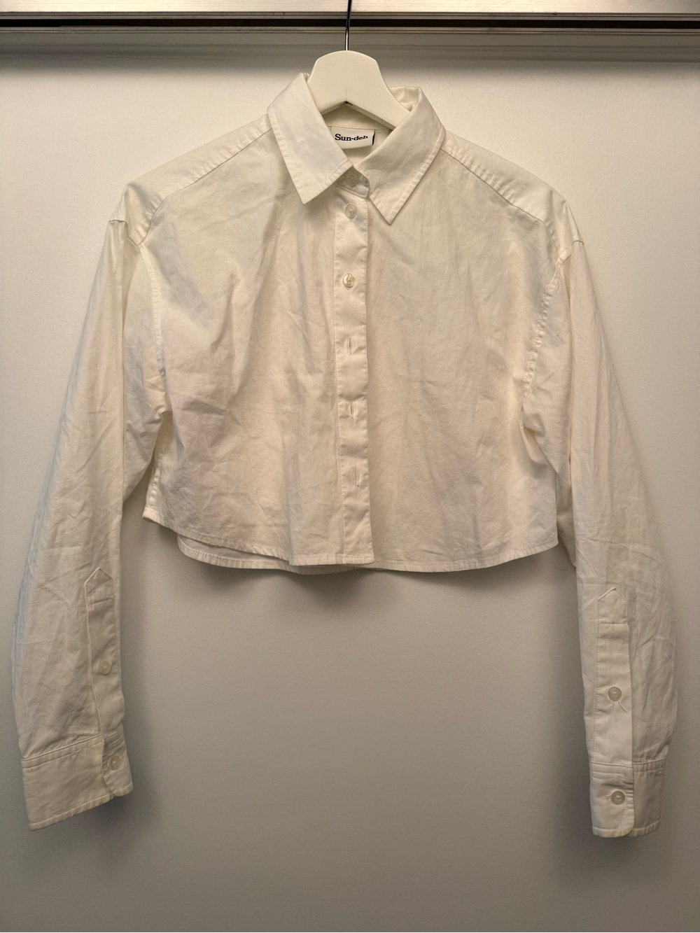 Sunday best white cropped longsleeve button up, size xs